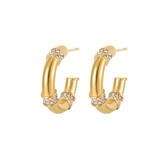 1 Pair British Style C Shape Plating Inlay Stainless Steel  Diamond 18K Gold Plated Earrings