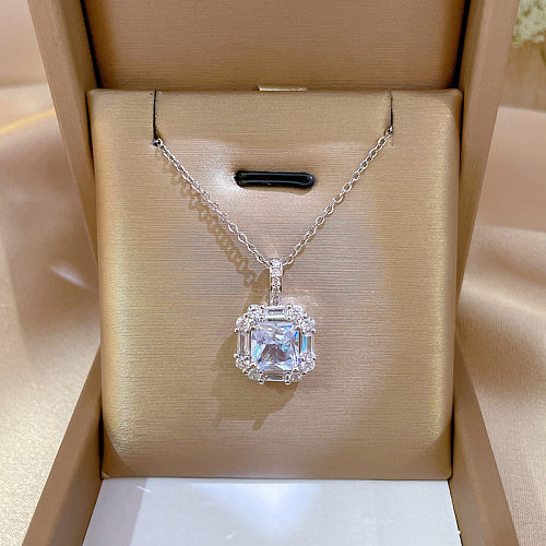 Glam Square Stainless Steel Inlay Zircon Pendant Necklace