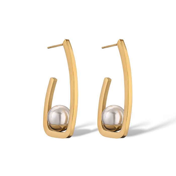 1 Pair Simple Style Commute Geometric Plating Inlay Stainless Steel Artificial Pearls 18K Gold Plated Earrings