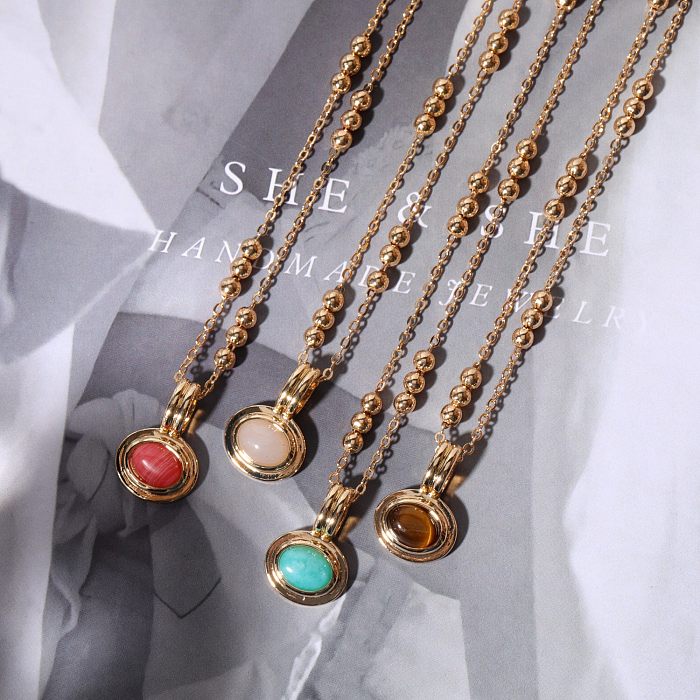 Casual Simple Style Oval Stainless Steel Plating Inlay Artificial Gemstones 18K Gold Plated Pendant Necklace