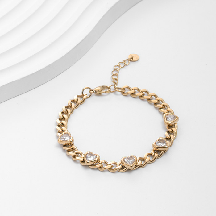 Simple Style Streetwear Heart Shape Stainless Steel Plating Inlay Zircon 18K Gold Plated Bracelets