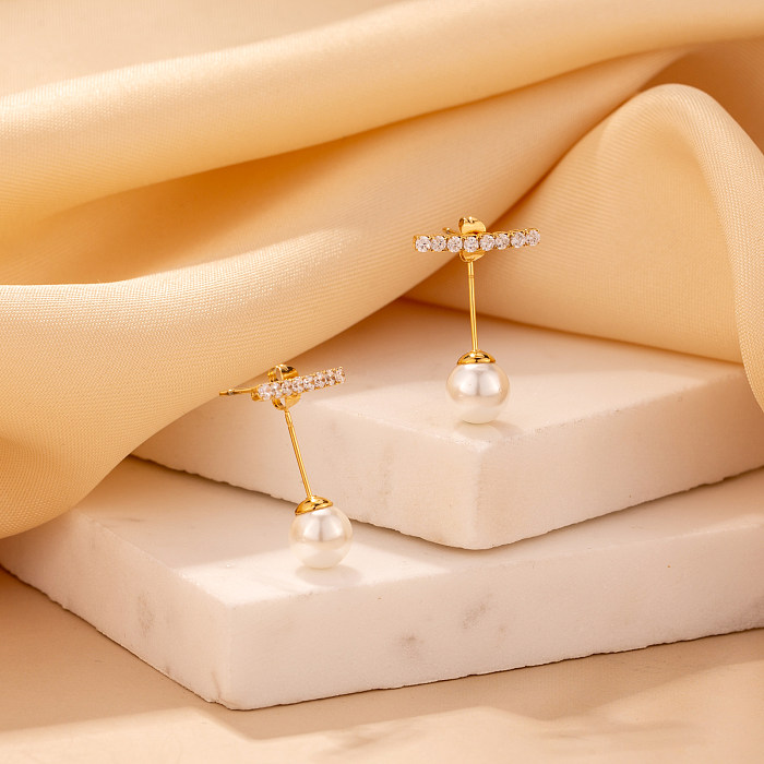 1 Pair Casual Round Plating Inlay Stainless Steel  Imitation Pearl Pearl Zircon Gold Plated Ear Studs