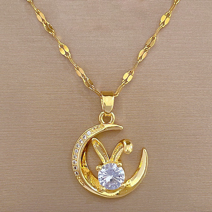 Classic Style Moon Stainless Steel  Copper Inlay Artificial Gemstones Pendant Necklace