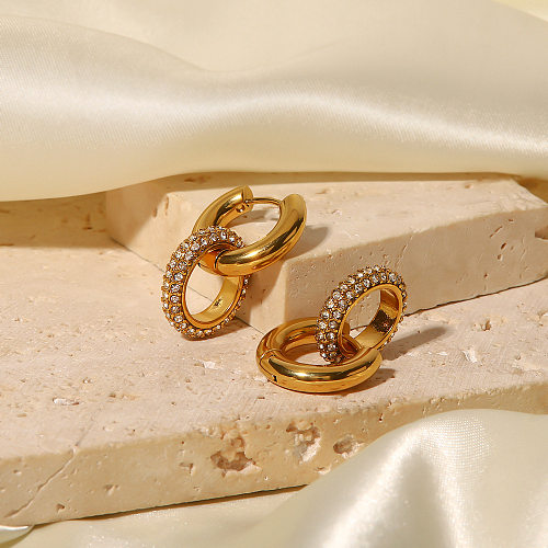 Modische runde Edelstahl-Ohrringe mit künstlichem Diamant-Inlay, 1 Paar