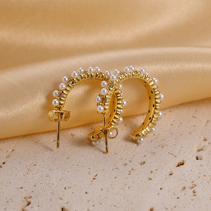 Boucles d'oreilles plaquées or, 1 paire, vacances plage, Style Simple, incrustation ronde en acier inoxydable, perles artificielles
