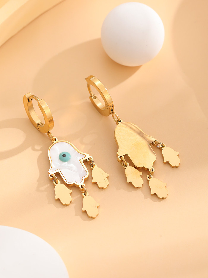 1 Pair Retro Vacation Palm Eye Plating Inlay Stainless Steel Shell Gold Plated Drop Earrings