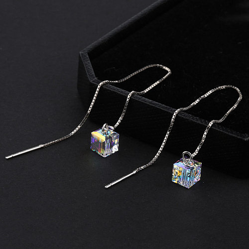 1 Pair Elegant Shiny Square Inlay Stainless Steel  Artificial Crystal Silver Plated Ear Line