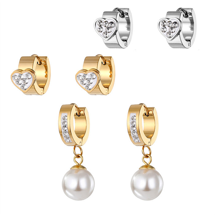 1 par de pendientes colgantes de circón con incrustaciones de perlas artificiales de acero inoxidable con forma de corazón redondo elegante