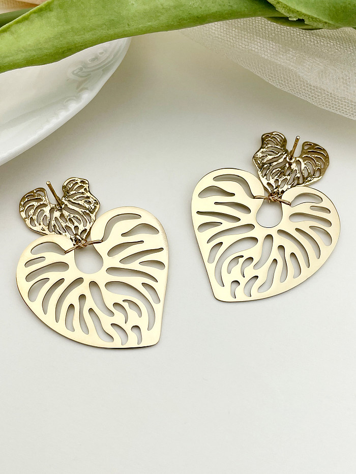 1 Pair Sweet Leaves Heart Shape Stainless Steel  Plating Hollow Out 14K Gold Plated Drop Earrings