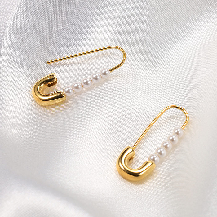 1 Pair Elegant Paper Clip Stainless Steel  Inlay Artificial Pearls Earrings