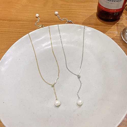 Collier pendentif rond en acier inoxydable avec placage de perles, style simple