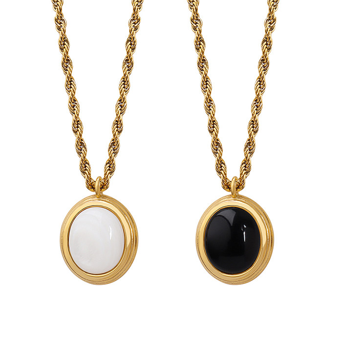 Collier ovale en acier inoxydable, 1 pièce, Style français, incrustation de perles artificielles, pendentif en pierre de verre
