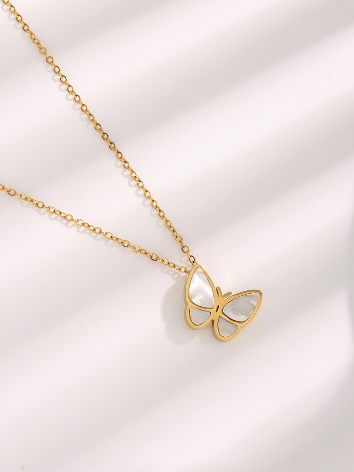 Collier avec pendentif en forme de papillon, Style Simple et doux, avec incrustation en acier inoxydable, coquille plaquée or