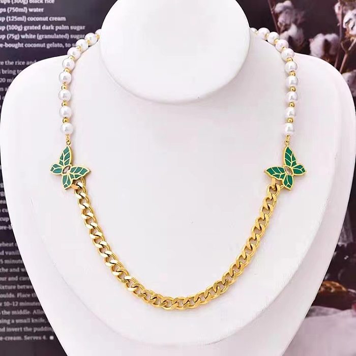 Elegant Retro Butterfly Imitation Pearl Stainless Steel Enamel Plating 18K Gold Plated Necklace