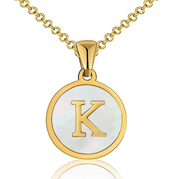 Fashion Round Letter Stainless Steel Inlaid Shell Pendant Necklace