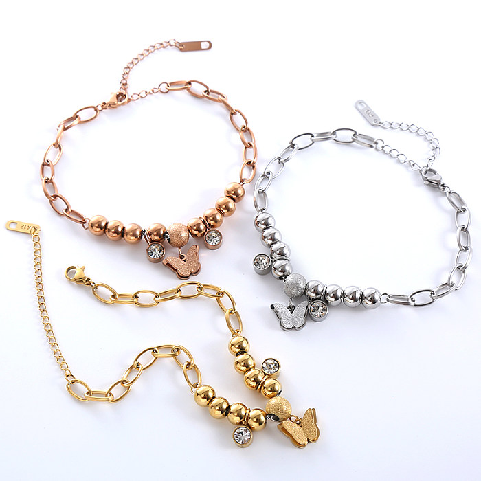 Wholesale Casual Basic Commute Butterfly Stainless Steel Plating Hollow Out Inlay 18K Gold Plated Rose Gold Plated Silver Plated Zircon Bracelets