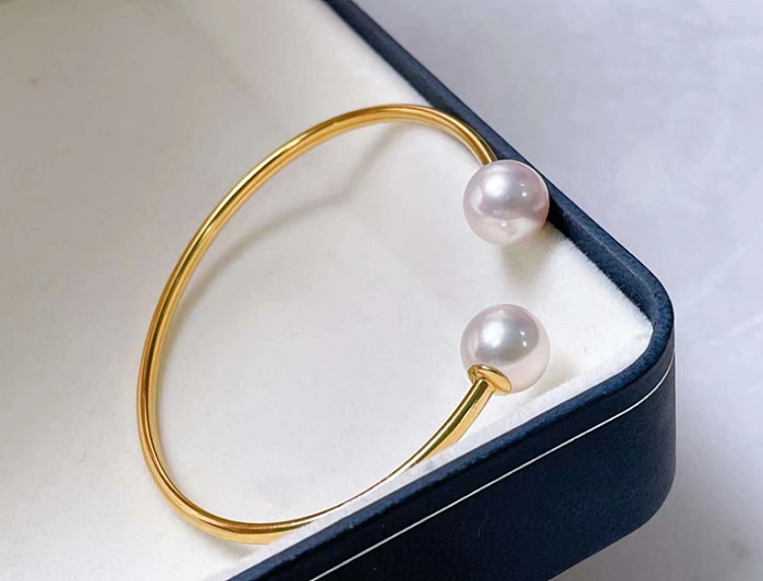 Simple Style Round Stainless Steel Inlay Artificial Pearls Cuff Bracelets