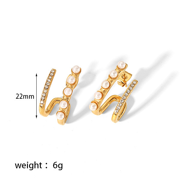 1 Pair Simple Style Solid Color Inlay Stainless Steel  Artificial Pearls Zircon 18K Gold Plated Earrings