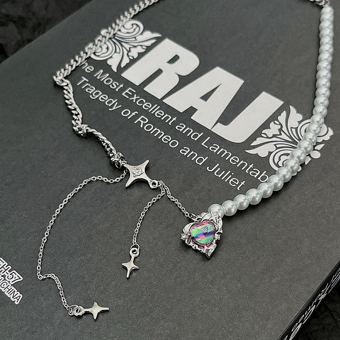 Streetwear Heart Shape Artificial Pearl Alloy Beaded Inlay Artificial Gemstones Necklace