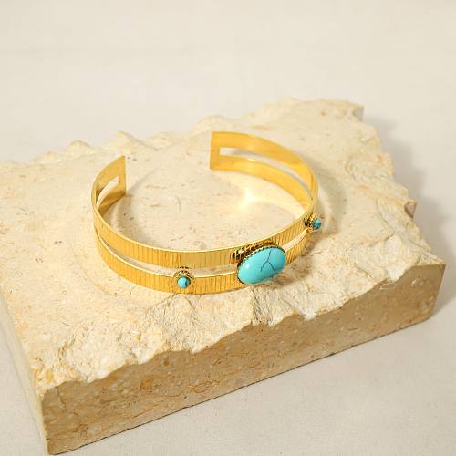 IG Style French Style Round Stainless Steel Plating Inlay Natural Stone 14K Gold Plated Bangle