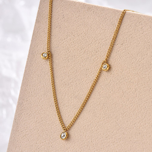 Collar redondo chapado en oro de 14K con diamantes de imitación con incrustaciones de acero inoxidable redondo de estilo simple y elegante