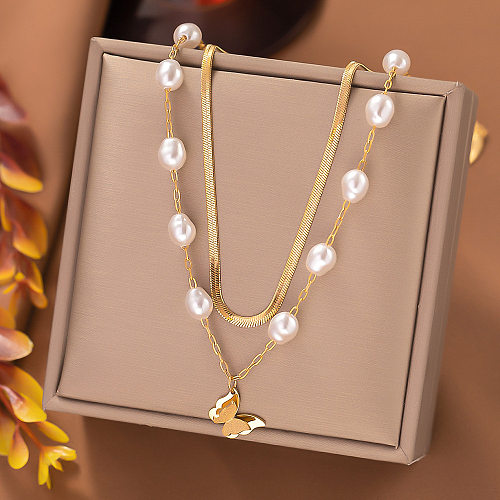 Lady Butterfly Imitation Pearl Stainless Steel Beaded Plating Layered Necklaces