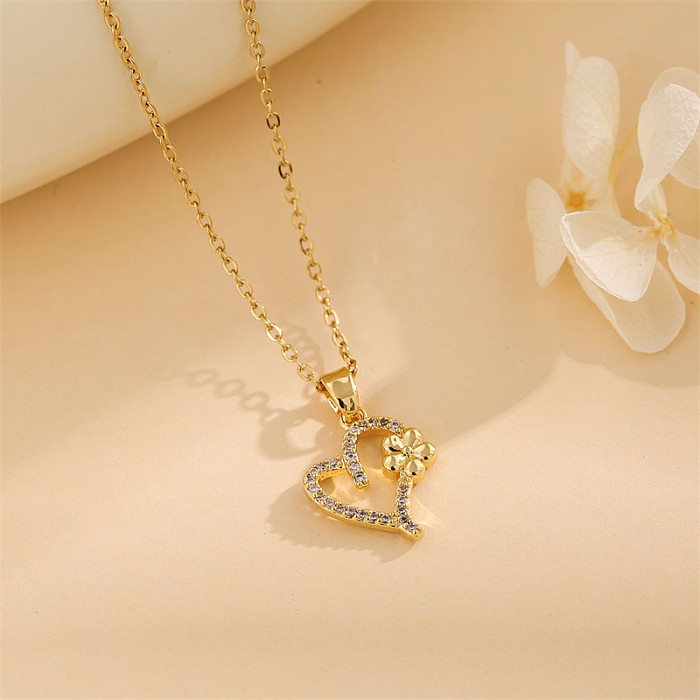 Shiny Heart Shape Stainless Steel  Stainless Steel Plating Inlay Zircon 18K Gold Plated Necklace