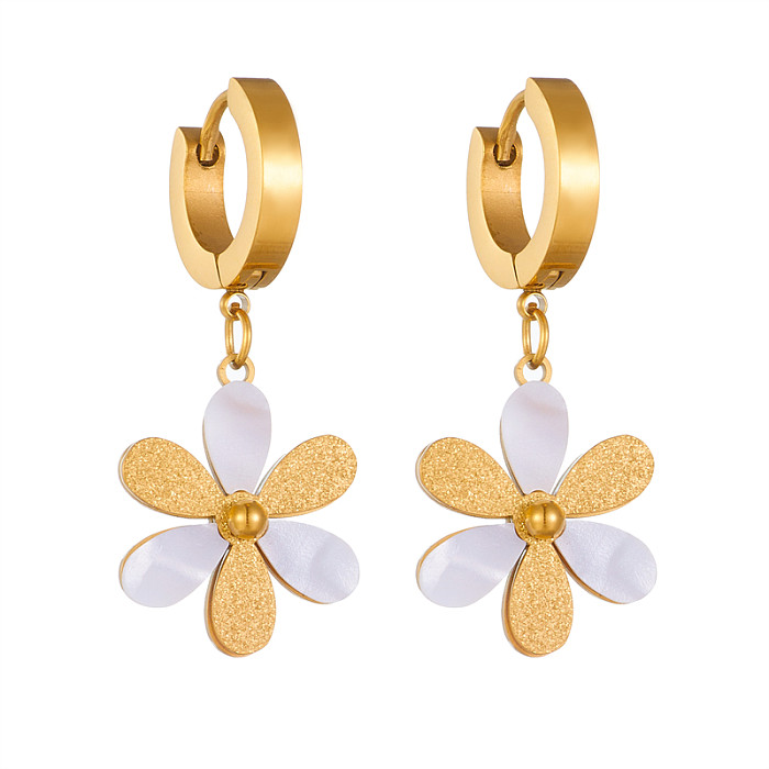 1 paire de boucles d'oreilles pendantes en acier inoxydable plaqué or, Style rétro Simple, plaqué fleur