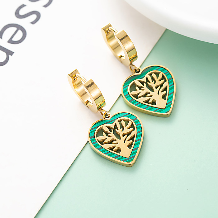 1 Pair Fashion Tree Heart Shape Stainless Steel Patchwork Inlay Shell Drop Earrings