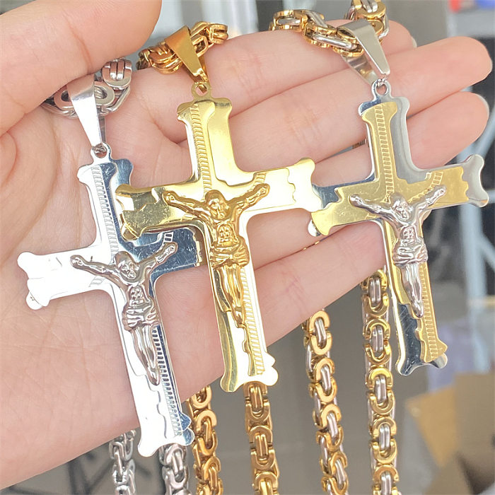 Halskette mit Kreuz-Anhänger im Ethno-Stil, Edelstahl-Beschichtung, vergoldet