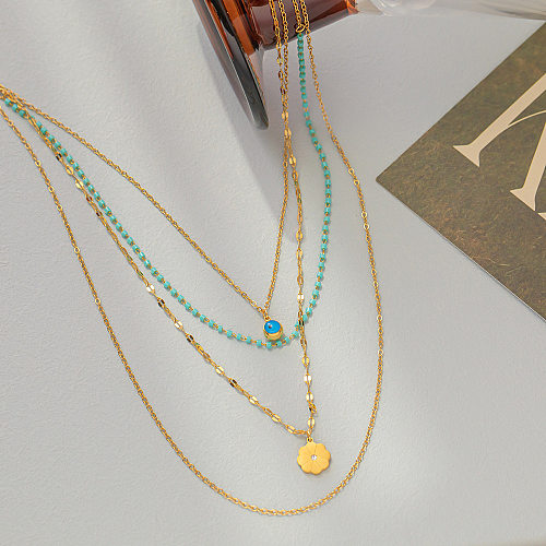 Retro Flower Stainless Steel Plating Layered Necklaces