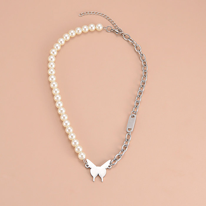 Gargantilla de acero inoxidable con mariposa de estilo simple Collares de acero inoxidable con perlas y retazos