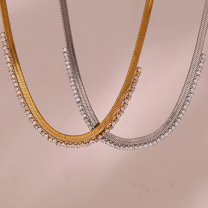 Estilo simples comute cor sólida chapeamento de aço inoxidável strass colar banhado a ouro 18K