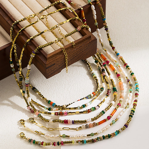 Vintage Style Sweet Color Block Stainless Steel  Beaded Plating Gold Plated Necklace