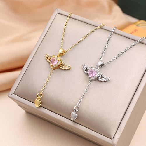 Simple Style Heart Shape Wings Stainless Steel Inlay Rhinestones Necklace 1 Piece