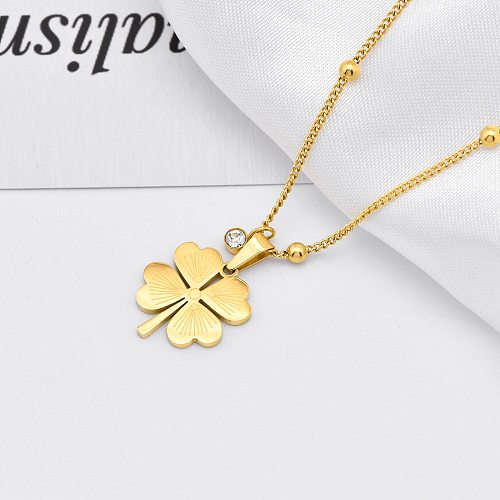 Elegant Four Leaf Clover Stainless Steel Inlay Artificial Diamond 18K Gold Plated Pendant Necklace