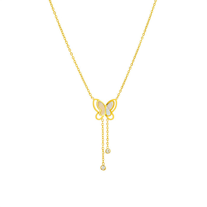Elegant Butterfly Stainless Steel Inlay Shell Pendant Necklace