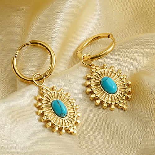 Boucles d'oreilles pendantes ovales rétro en acier inoxydable avec incrustation turquoise, 1 paire