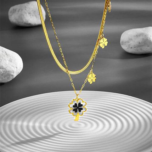 Elegant Four Leaf Clover Stainless Steel Inlay Shell Layered Necklaces