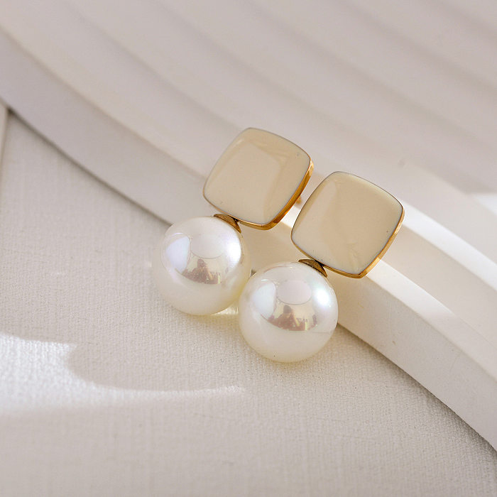 1 par de pendientes colgantes de perlas artificiales de acero inoxidable con incrustaciones de esmalte cuadrado de estilo simple