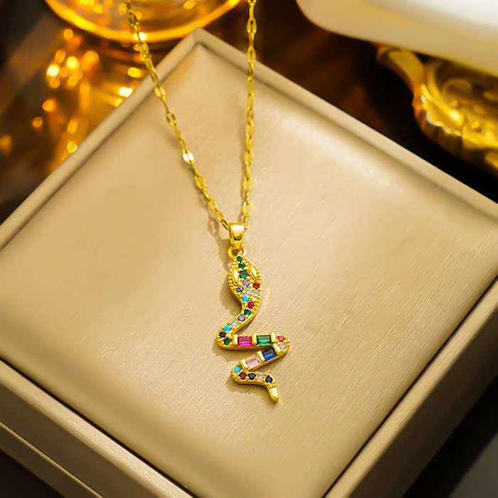Novelty Animal Snake Stainless Steel  Plating Inlay Zircon 18K Gold Plated Pendant Necklace