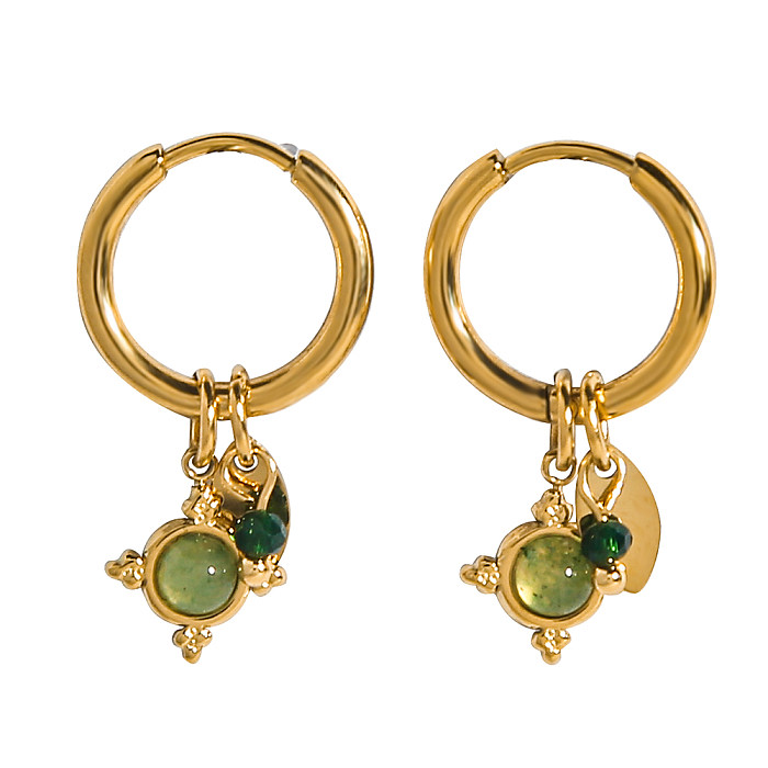 1 Pair Elegant Round Plating Inlay Stainless Steel  Natural Stone 18K Gold Plated Drop Earrings