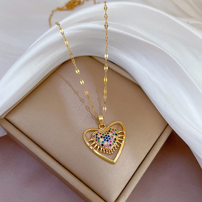 Ethnic Style Heart Shape Eye Stainless Steel Copper Plating Hollow Out Inlay Zircon Pendant Necklace