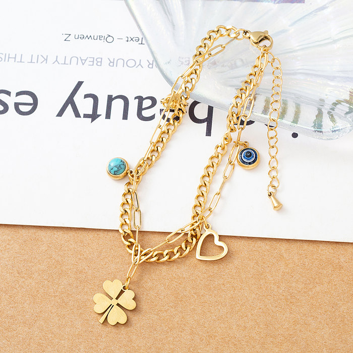 Retro Four Leaf Clover Heart Shape Lock Stainless Steel Gold Plated Artificial Pearls Shell Zircon Bracelets 1 Piece