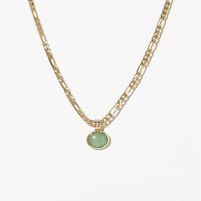 Collar de piedra semipreciosa de aventurina verde con sentido de diseño pequeño, cadena Figaro, cadena de suéter de acero inoxidable chapado de 18 quilates