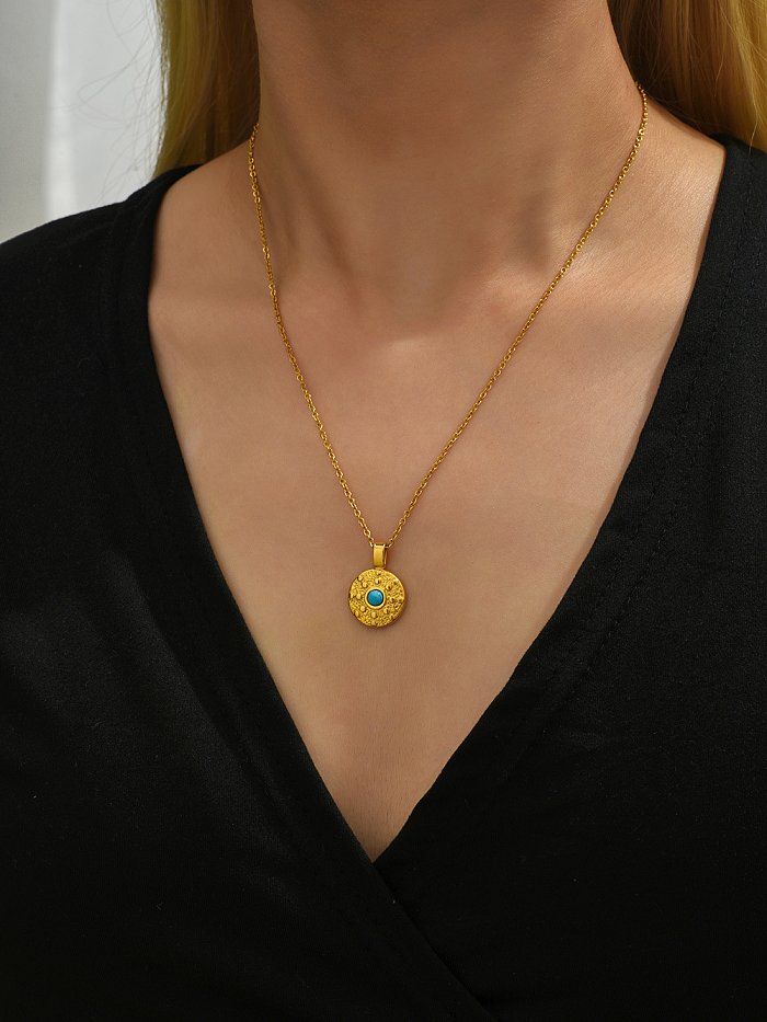 Elegant Retro Round Stainless Steel  Plating Inlay Turquoise 18K Gold Plated Pendant Necklace
