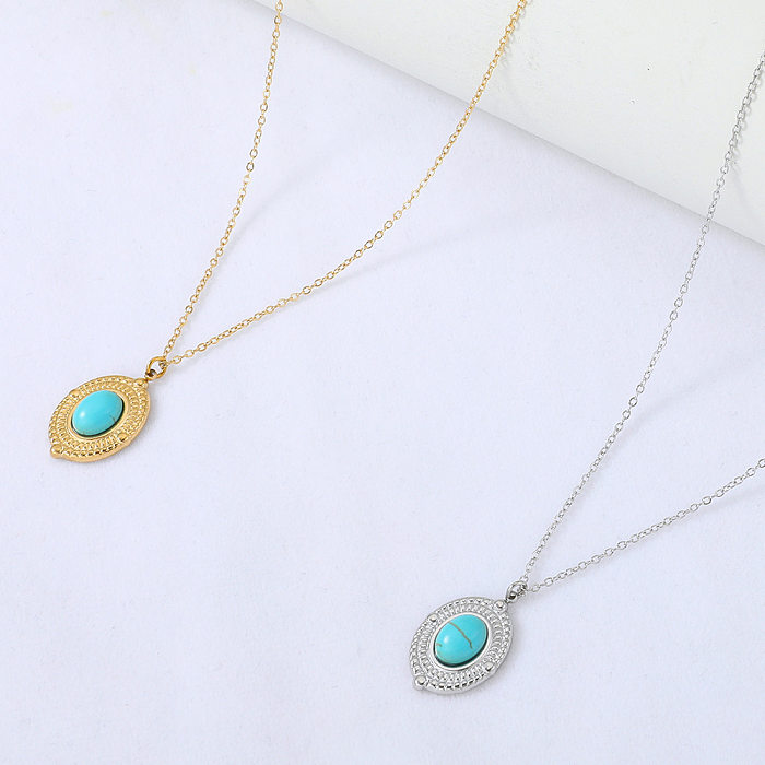 Collier pendentif ovale Turquoise en acier inoxydable, bijoux simples, vente en gros