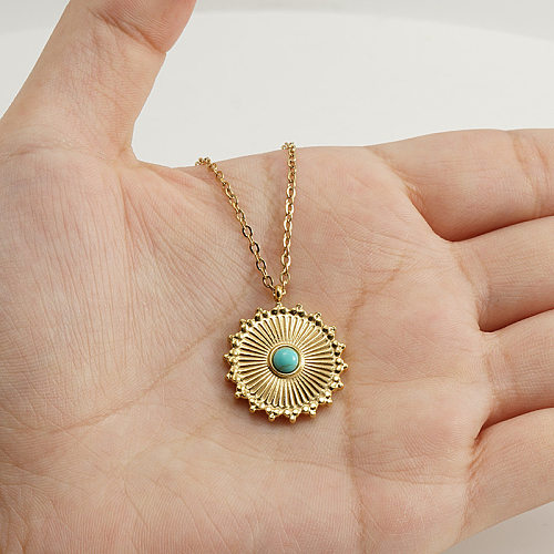 Retro Round Stainless Steel  Inlay Turquoise Pendant Necklace 1 Piece
