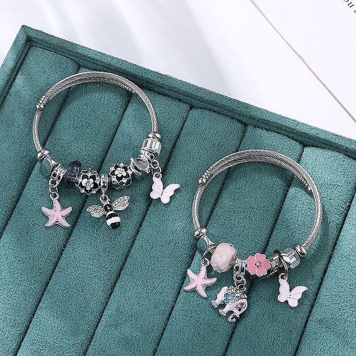 Cute Animal Stainless Steel Asymmetrical Inlay Rhinestones Cuff Bracelets