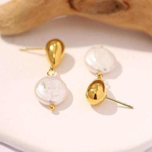 1 paire de boucles d'oreilles pendantes en acier inoxydable, Style Simple, Style classique, plaqué rond, perle d'eau douce, plaqué or